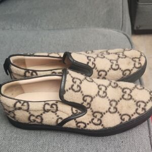 Gucci Men's Dublin Beige Brown Wool GG Logo Flat Slip On